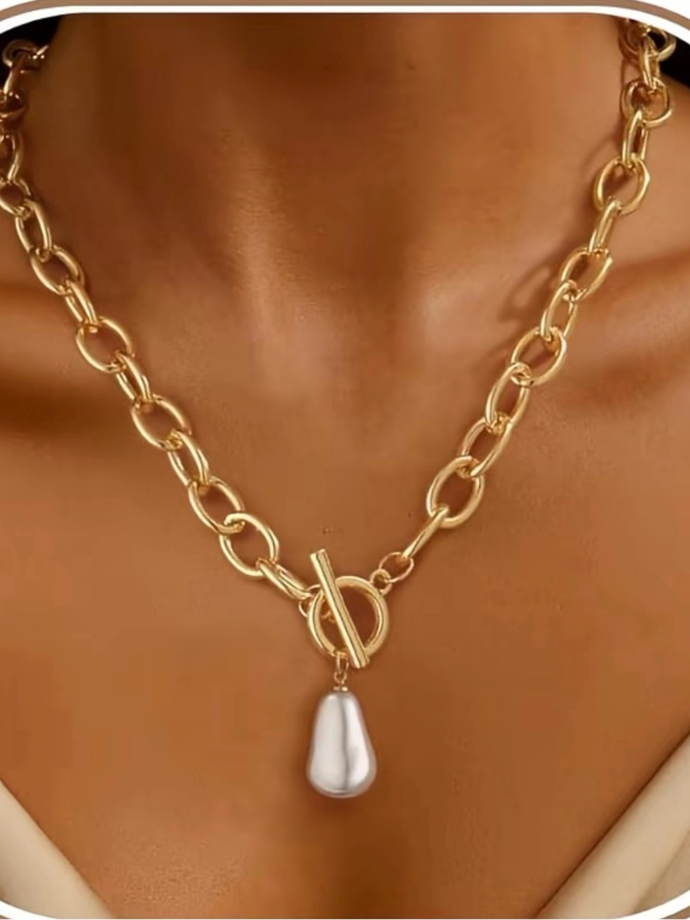Chunky Gold Necklace Trendy Non Tarnish 14K Gold Plated Paperclip Chain Pearl